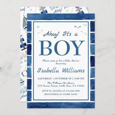 a blue and white baby shower with the words, ahoy it's a boy