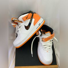 Go Back To School In Style Limited Edition Nike Air Force 1 Mid High Tops. "I Got Next" Orange, Black (Leather), And White. Size 9 1/2. Pet/Smoke Free Home. Ships Same Day. No Box. Nike Air Force 1 Mid, Go Back To School, Air Force 1 Mid, Mid Top, Going Back To School, Nike Air Force 1, White Nikes, Air Force 1, Nike Air Force