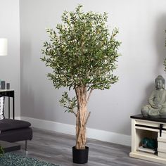 a potted tree in a living room next to a buddha statue