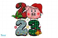 a pig with a santa hat on top of it's head next to the numbers