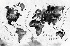 black and white world map with the names of all countries in watercolor on paper