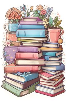 a stack of books with flowers and a cup on top of them, all stacked up