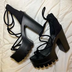 If They Fit Me I Would Keep Them So Cute And Super Light! Never Worn Black Chunky Platform Heels For Night Out, Trendy Black Heels With Wrapped Heel, Edgy Black Synthetic Heels, Black Chunky Platform Heels For Spring, Edgy Black Heels With Stacked Heel, Edgy Lace-up Heels For Summer, Edgy Lace-up Summer Heels, Edgy Black Heels With Wrapped Heel