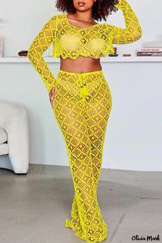 Olivia Mark - Womens Yellow Solid Sheer O-Neck Long Sleeve Two-Piece Ensemble Yellow Two Piece, Lace Long Sleeve Shirt, White Two Piece, Rompers Womens Jumpsuit, Two Piece Pants Set, Elegant Red, Lace Romper, Yellow Fashion, Lace Fashion