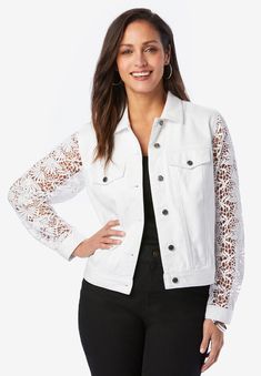 We've dressed up our bestselling denim jacket with lace sleeves for a more elevated, feminine look. The relaxed fit is equal parts flattering and Denim Jacket With Lace, Jacket With Lace, Swedish Fashion, Tunic Tank Tops, Ladies Of London, Swimsuits For All, Feminine Look, Cotton Jacket, Wide Leg Jumpsuit