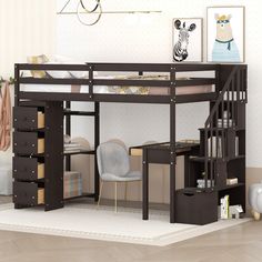 a loft bed with desk underneath it in a living room next to a white rug