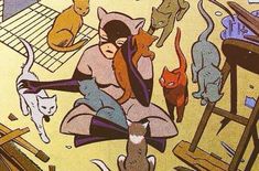 a woman sitting on the floor surrounded by cats and kittens in an art work