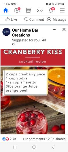 the recipe for cranberry kiss is displayed on an iphone