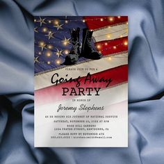 Patriotic military party invitation to celebrate a soldier going away on national service, or to celebrate them coming home. Featuring a red, white and blue flag, marine troop boots, string lights, and a modern party template. Navy Party Ideas, Veterans Day Ideas, Farewell Party Invitations, Goodbye Party, Navy Party