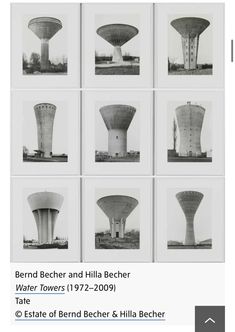 several photographs of water towers in black and white are featured on the app for iphone