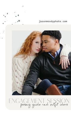 a man and woman sitting next to each other with their arms around each other, the caption says engagement session preparing guide and gift ideas