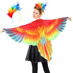 a woman wearing a colorful bird costume with feathers on her head and wings in the air