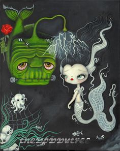 a painting of two mermaids and a green monster