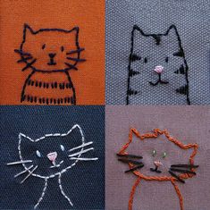 four different types of cats are shown on the same piece of fabric, each with an orange and black cat's head