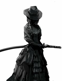 a black and white drawing of a woman in a long dress holding a whipstick