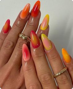 Nails Design Bright Colors, Simple Nails Almond Summer, Bright Color Manicure, Cute Colorful Nails For Summer, Nail Inspiration Color, Summer Cool Nails, Orange Nail Colors Summer, Beach Aura Nails, Cool Nail Inspo Summer