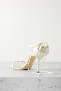 MAGDA BUTRYM Appliquéd satin sandals | NET-A-PORTER Satin Sandals, Satin Shoes, Magda Butrym, Raffia Bag, Stiletto Shoes, Leather Wedge Sandals, Fall Shopping, Net A Porter, Black Sandals