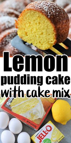 lemon pudding cake on a spatula with white eggs and lemons next to it