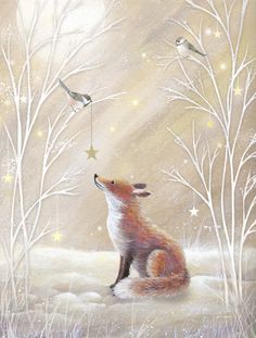 a painting of a fox sitting in the snow with two birds flying by it's side