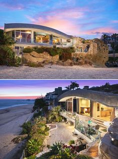 two different houses on the beach at dusk and day time, one with an ocean view