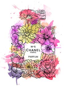 a chanel perfume bottle with flowers on the front and bottom, surrounded by watercolor splash