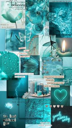 a collage of blue and green images with candles, flowers, butterflies and hearts