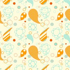 an orange and blue wallpaper with bubbles, fish, and monkey faces on it