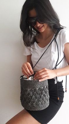 Handmade Black Bucket Bag, Paper Straw Bucket Bag, Casual Bucket Crochet Bag As Gift, Casual Straw Bag As Gift, Black Jute Crochet Bag, Eco-friendly Bucket Crochet Bag, Eco-friendly Bucket Shaped Straw Bag, Natural Bucket Bag With Braided Handles As Gift, Gift Crochet Bucket Bag With Adjustable Strap