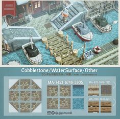 an advertisement for cobblestone water surface and other materials, including wooden planks