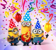 three minions with party hats and balloons