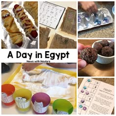 a collage of pictures showing different activities for children to do in egypt, including doughnuts and pretzels