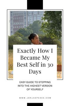 a woman sitting on top of a bed in front of a building with the words exactly how