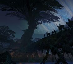 an image of some people on horses in the woods at night with trees and water