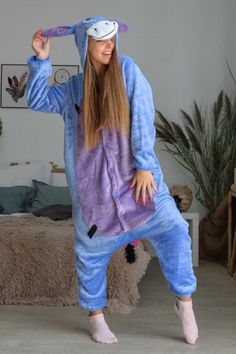 MORE TRENDY ONESIE & KIGURUMI:https://www.etsy.com/shop/piJAMAstudioADULT SIZES ARE BY HEIGHT:S - Size fits for height 55,11 inches - 61,02 inches (140cm-155cm),M - Size fits for height 61,03 inches - 64,96 inches (156cm-165cm),L - Size fits for height 64,97 inches - 68,89 inches (166cm-175cm),XL - Size fits for height 68,9 inches - 73,22 inches (176cm-186cm).The model is 158 cm tall. Her size is M.* Shoes are NOT included!Buttons on the front make it easy to put on and take off your pajamas Marvel Theme Adult Onsies, Cozy Long Sleeve Blue Onesie, Blue Long Sleeve Onesie For Pajama Party, Blue Casual Onesie For Sleep, Casual Blue Onesie For Lounging, Blue Casual Onesie For Lounging, Cute Onesies For Women, Eeyore Onesie, Eeyore Costume