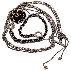 Chanel Multi-Chain And Leather Long Necklace CC Logo | From a unique collection of vintage Chain Necklaces at https://www.1stdibs.com/jewelry/necklaces/chain-necklaces/. Luxury Long Necklace With Double Chain, Big Chain Necklace, Vintage Chain Necklace, Necklaces Chain, Vintage Chain, Bracelet Love, Black Tweed, Chain Necklaces, Cc Logo