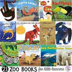 the zoo books for little learners are all about animals and their habitats, with text overlay that reads 20 zoo books for little learners