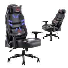 a black and blue gaming chair sitting next to an office chair with armrests