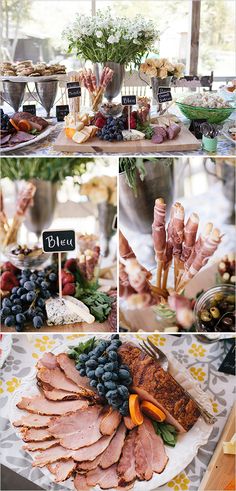 an assortment of food is displayed on a table with flowers and other things to eat