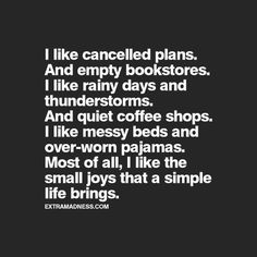 the words i like called plans and empty bookstores, i like rainy days and thunderstorms