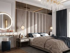 a bedroom with a large bed and chandelier