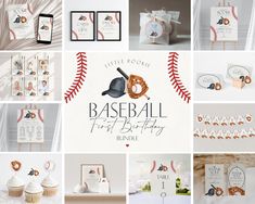 a collage of photos with baseball themed items on them and the words baseball first birthday written in white