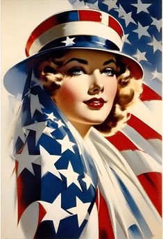 a woman with an american flag hat and stars on her head is looking at the camera