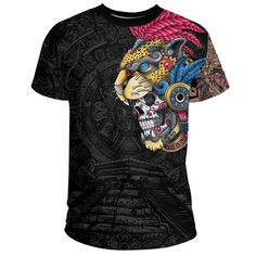 Mexico Jaguar Aztec Skull Warrior T ShirtDescription Our Unisex T-shirt is made of a premium polyester blend, offering maximum comfort with a soft feel. It boasts an all-over print design created through a high-definition heat-dye application that ensures vibrant and long-lasting colors even after multiple washes. This T-shirt’s fabric is durable and resistant to wrinkles, shrinking, and mildew, ensuring its longevity. The thread line color is limited to black or white. Every T-shirt is custom p Multicolor Skull Print T-shirt With Crew Neck, Multicolor Crew Neck T-shirt With Skull Print, Black Crew Neck T-shirt With Digital Print, Aztec Skull Warrior, Skull Warrior, Aztec Skull, Classic Casual Style, Style Crop Top, Warriors T Shirt