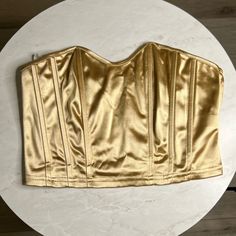 Nwot Satin Crop Bandeau Top; Gold Metallic; Size Small; Brand New Never Worn Gold Strapless Top For Party, Fitted Gold Strapless Tube Top, Gold Strapless Corset For Party, Gold Fitted Tube Top For Night Out, Gold Fitted Sleeveless Corset, Fitted Gold Satin Top, Bandeau Top, Gold Metal, Womens Tops