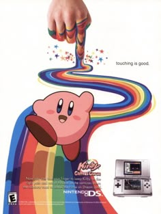 an advertisement for the nintendo wii game, featuring a cartoon character holding a rainbow colored object