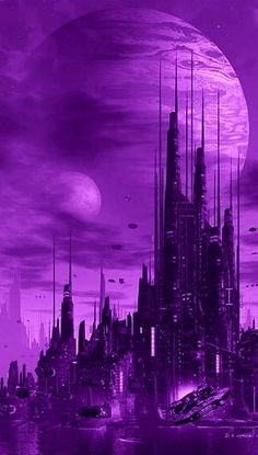 an alien city is shown in this purple photo with the moon and stars above it