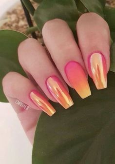 Nails Beach Design, Chrome Nails Art, Pink Chrome Nail, Fallnails Autumn, Chrome Nail Design, Orange Acrylic Nails, Nails Beach, Sunset Nails