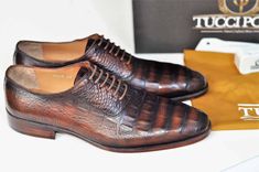 Buy TucciPolo Crocodile Embossed Luxury Mens Handmade Oxford Brown Shoe. Hand painted embossed crocodile leather upper with leather sole, outsole and leather lining. A true work of art from the best artisans in the world. Step out in style with TucciPolo shoes. Shop now Leather : Crocodile embossed leather Leather Insole & Outsole This is a made-to-order product. Each pair will be made upon receipt of order and shipped in approximately 15 days. Because our shoes are hand-painted and couture- Dress Shoes Mens, Brown Oxford Shoes, Custom Made Shoes, Italian Leather Shoes, Bespoke Shoes, Brown Oxfords, Black Oxfords, Shoes Handmade, Crocodile Leather