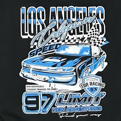 the back of a black shirt with blue graphics on it and an image of a car