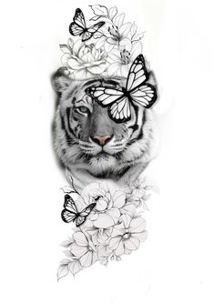 a drawing of a tiger with butterflies on it's head and the image of a cat